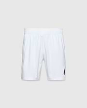 Mens Blaze Sport Short, white, relaxed fit, smooth performance fabric with an elastic waistband and a small dark grey embroidered Psycho Bunny skull logo on the lower left leg.