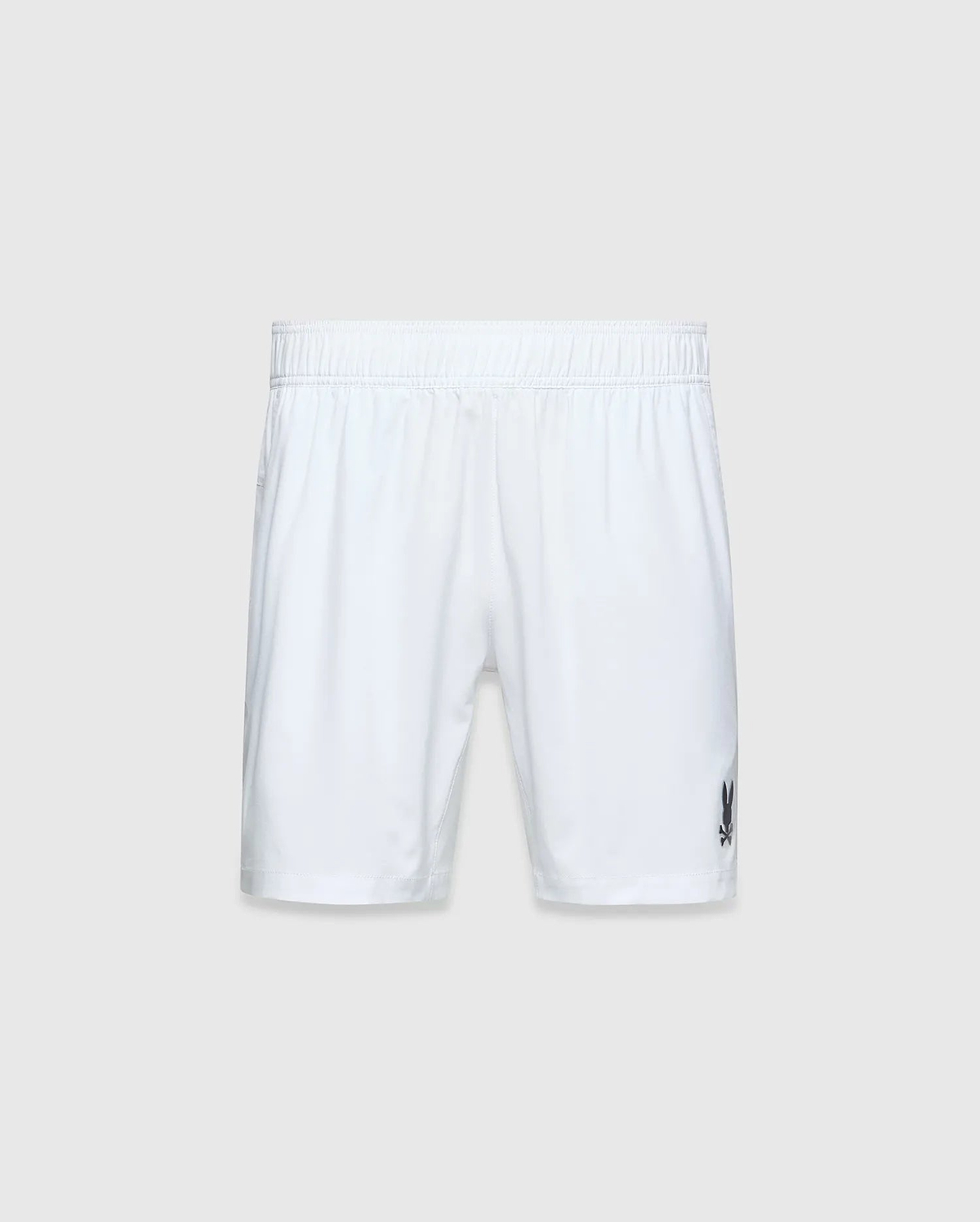 Mens Blaze Sport Short, white, relaxed fit, smooth performance fabric with an elastic waistband and a small dark grey embroidered Psycho Bunny skull logo on the lower left leg.