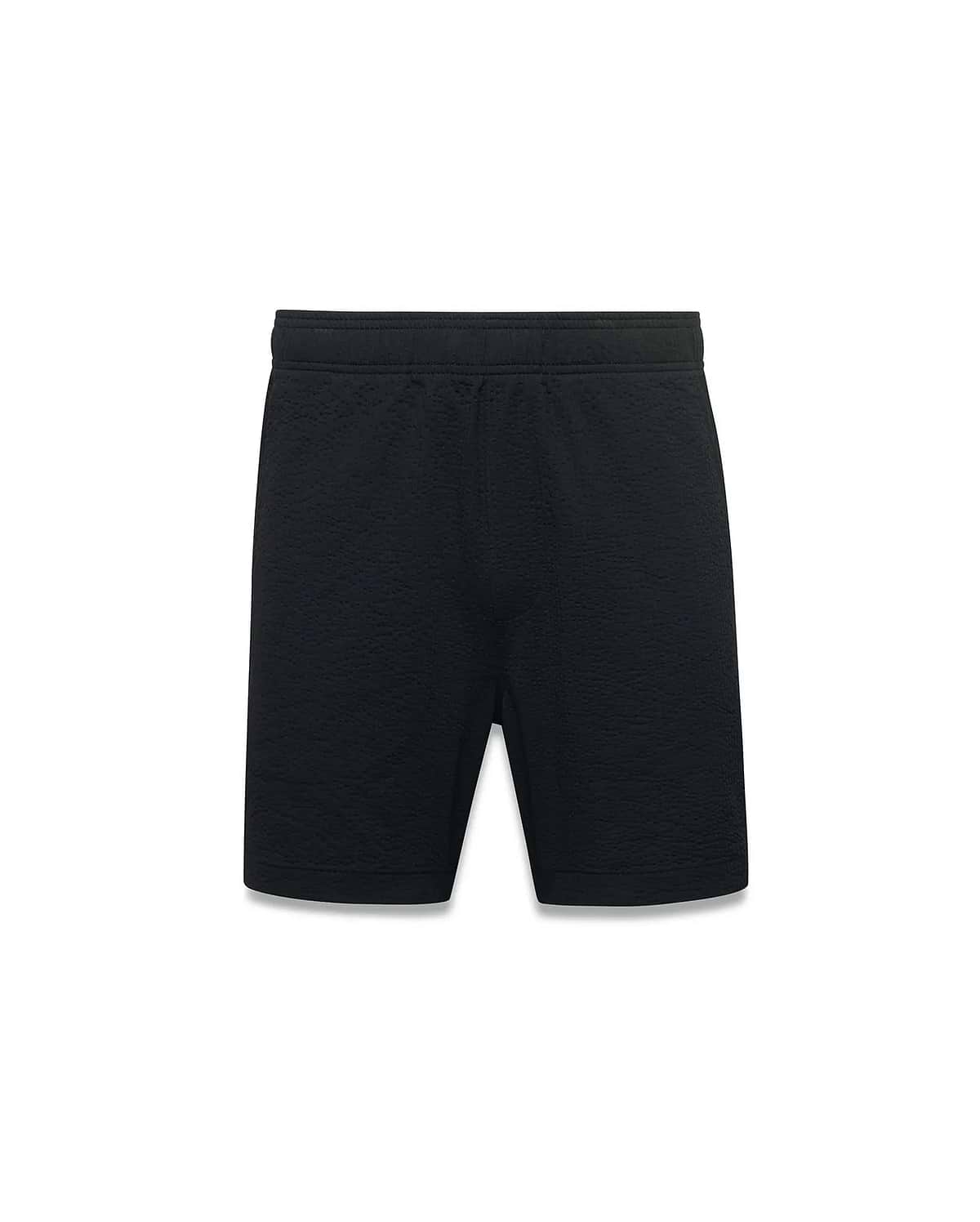 Black Mens Arlen Seersucker Short, a comfortable, relaxed fit short crafted from premium black seersucker fabric with a subtle puckered texture, featuring an elastic waistband.