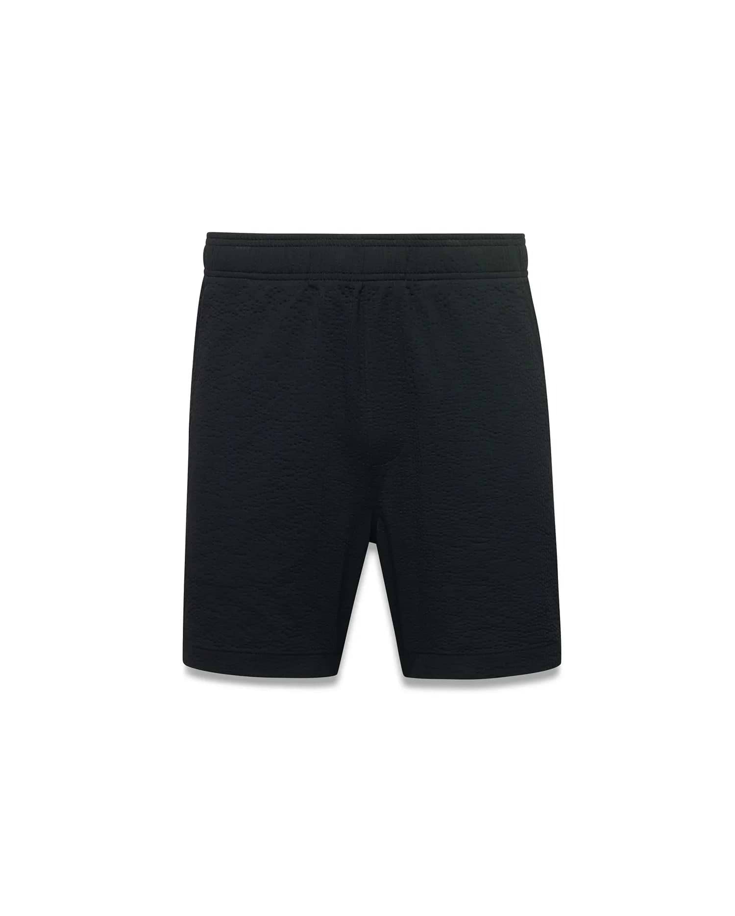 Black Mens Arlen Seersucker Short, a comfortable, relaxed fit short crafted from premium black seersucker fabric with a subtle puckered texture, featuring an elastic waistband.