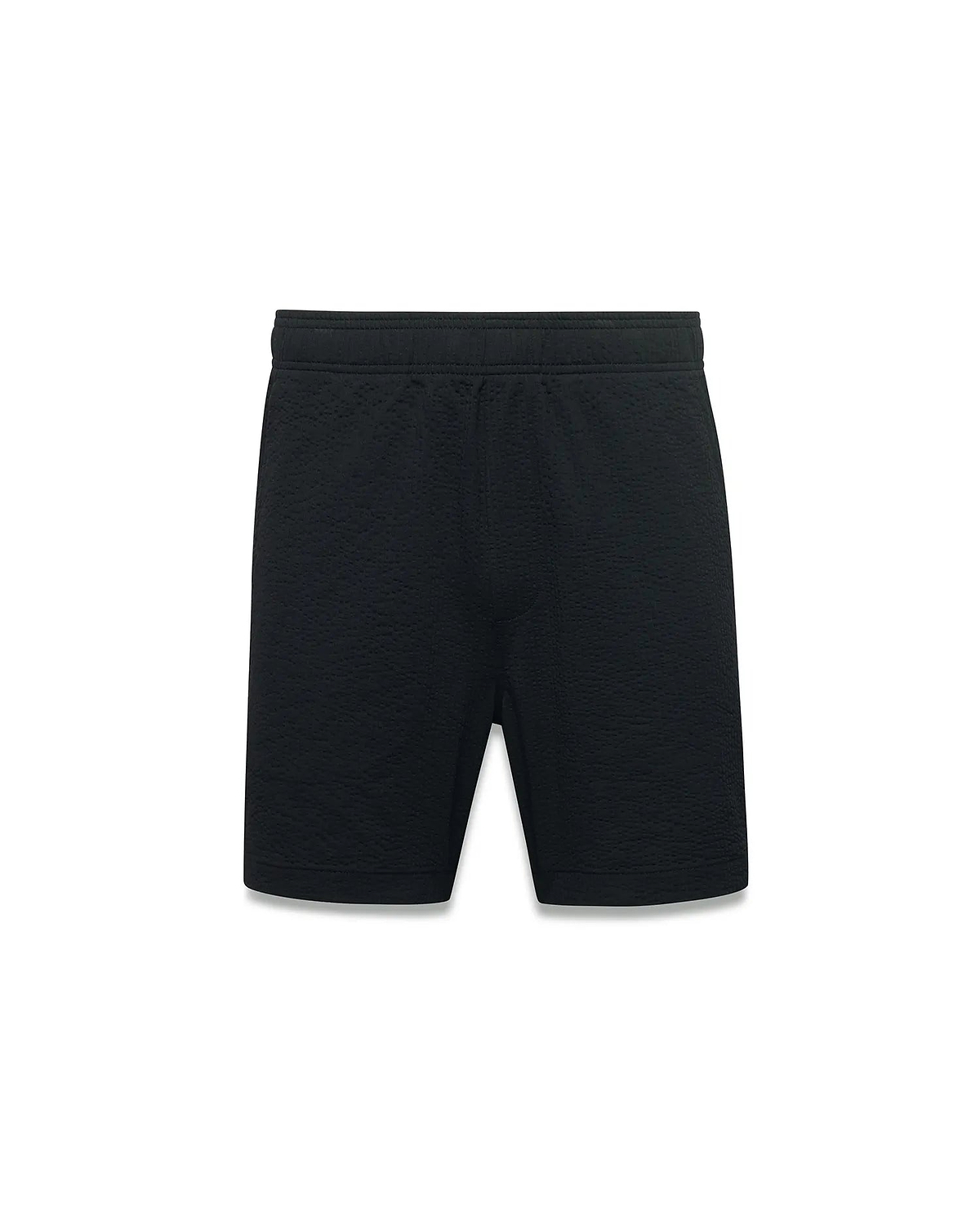 Black Mens Arlen Seersucker Short, a comfortable, relaxed fit short crafted from premium black seersucker fabric with a subtle puckered texture, featuring an elastic waistband.