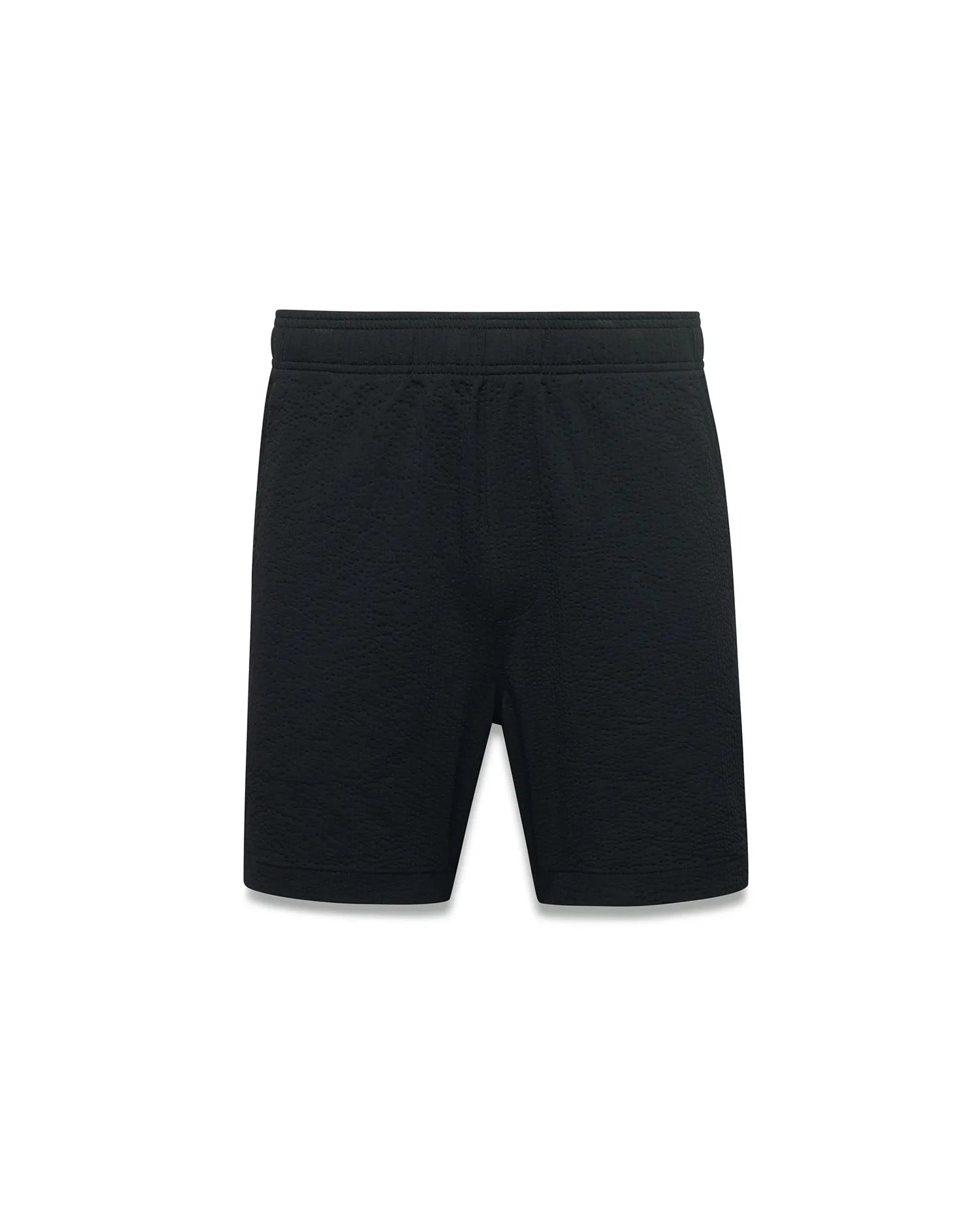Black Mens Arlen Seersucker Short, a comfortable, relaxed fit short crafted from premium black seersucker fabric with a subtle puckered texture, featuring an elastic waistband.