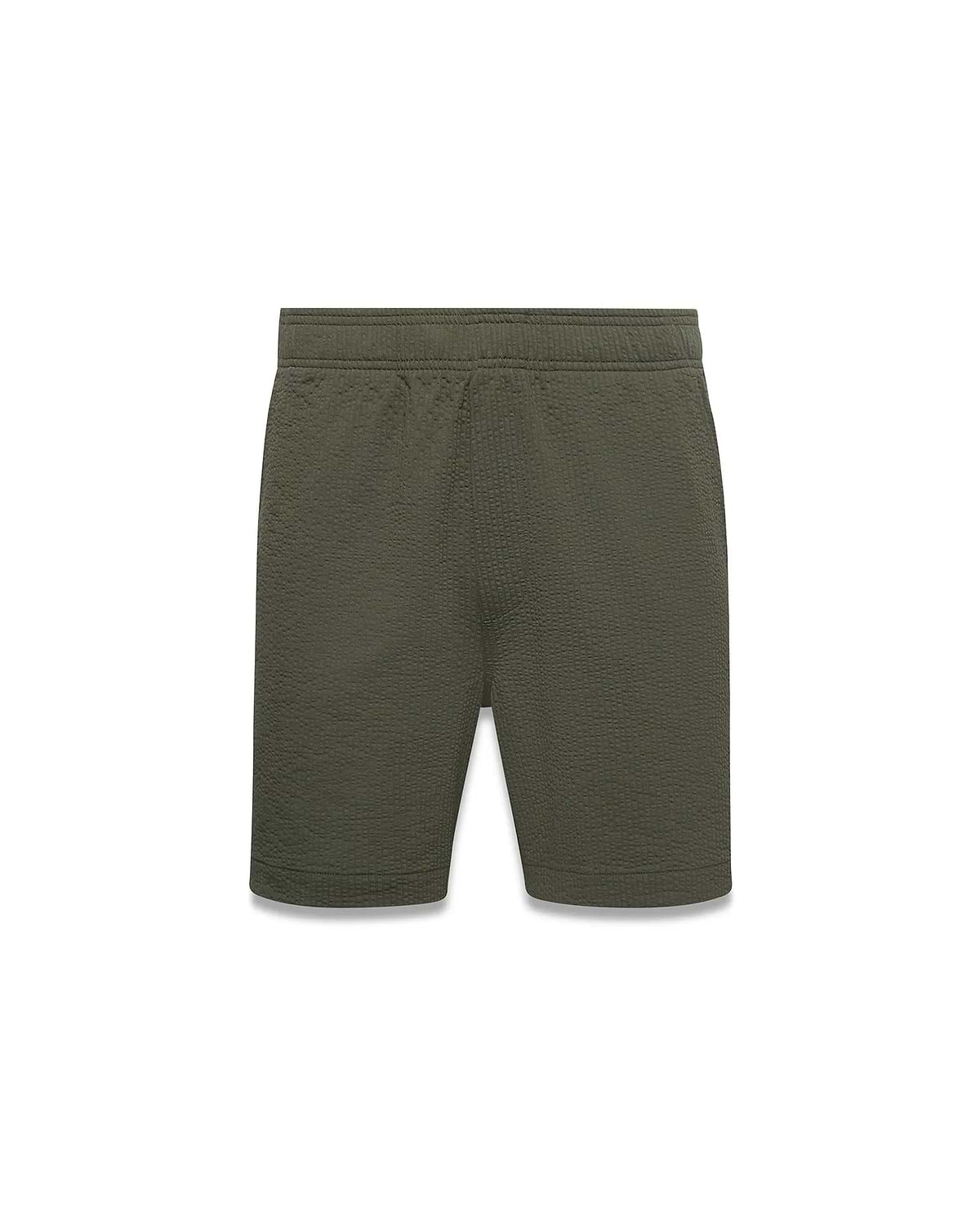 MENS ARLEN SEERSUCKER SHORT in olive green, offering a relaxed fit with a unique textured seersucker fabric and comfortable elastic waistband, perfect for premium streetwear. (5)