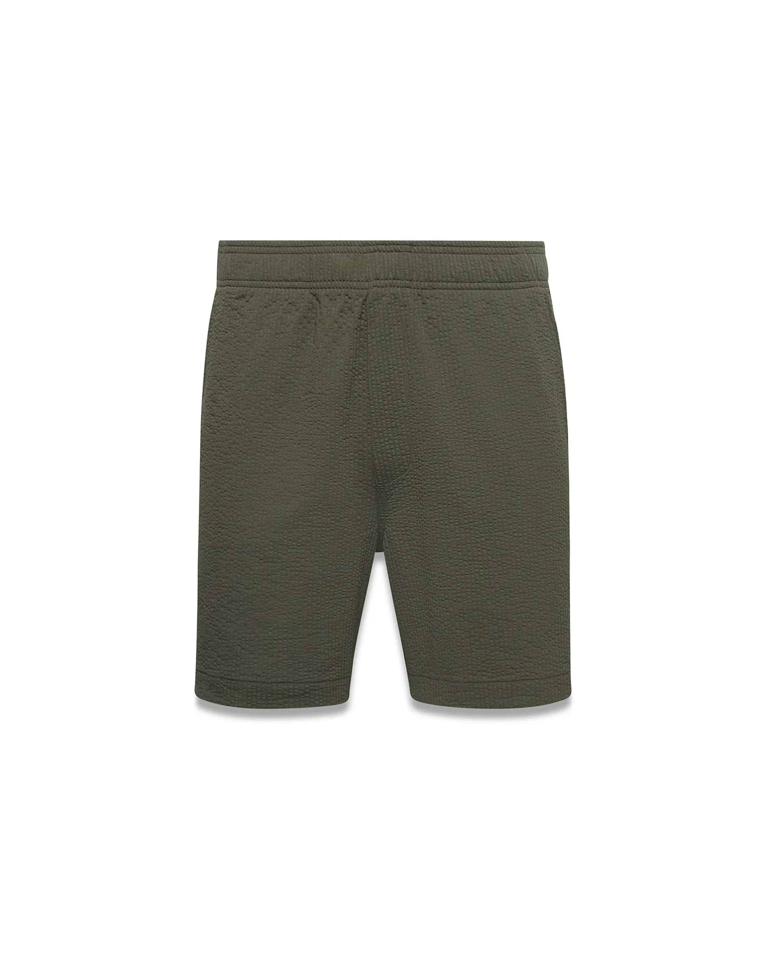 MENS ARLEN SEERSUCKER SHORT in olive green, offering a relaxed fit with a unique textured seersucker fabric and comfortable elastic waistband, perfect for premium streetwear. (5)