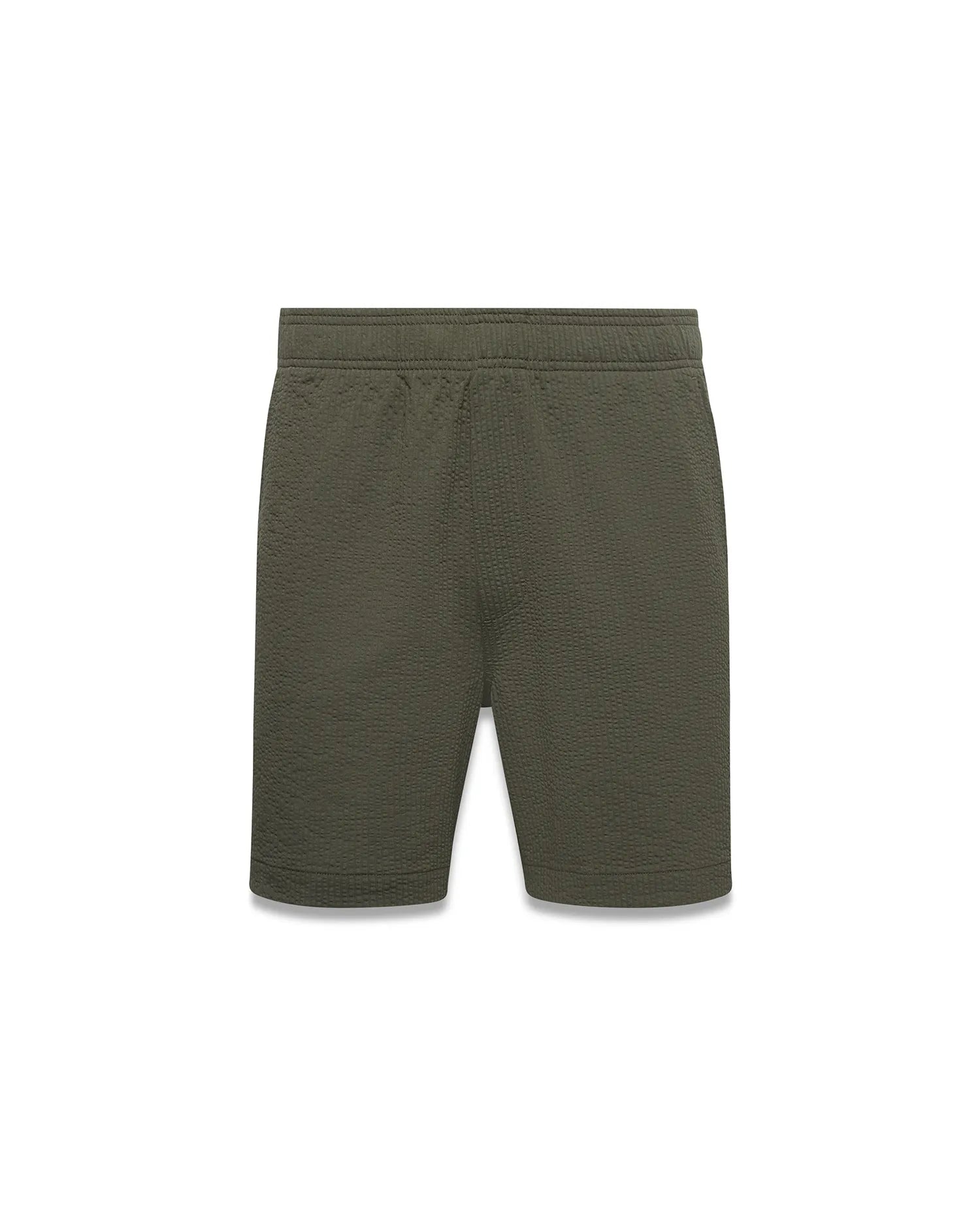 MENS ARLEN SEERSUCKER SHORT in olive green, offering a relaxed fit with a unique textured seersucker fabric and comfortable elastic waistband, perfect for premium streetwear. (5)