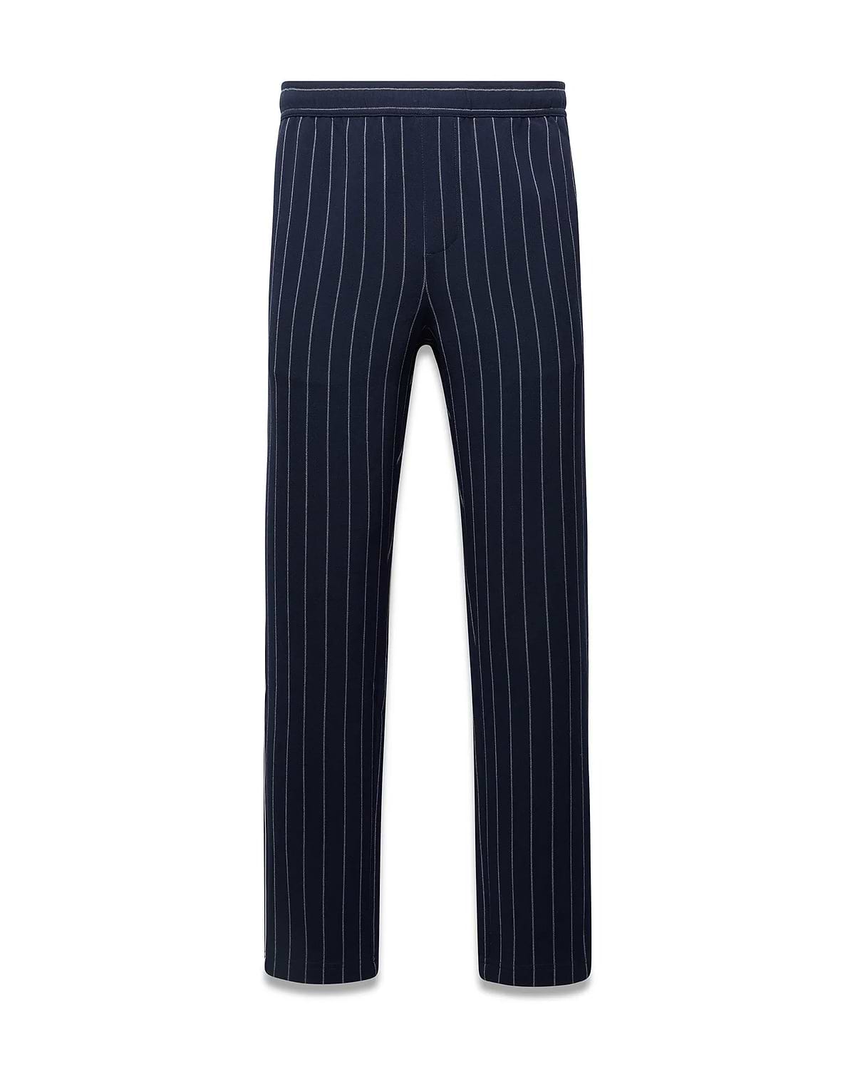 Mens Harland Double Weave Chalk Stripe Track Pant in navy with fine white vertical chalk stripes and a relaxed fit, featuring an elastic waistband. (5)