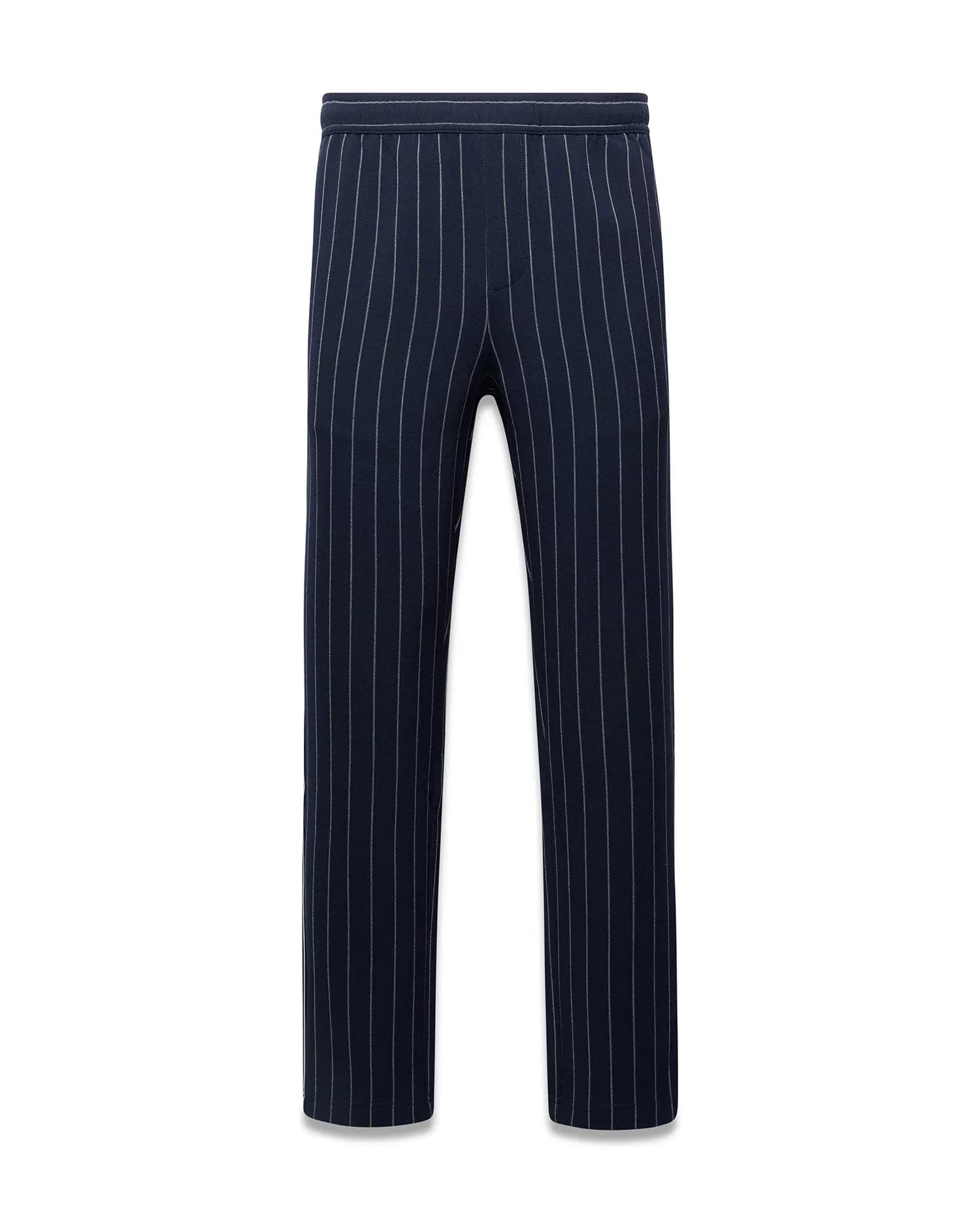 Mens Harland Double Weave Chalk Stripe Track Pant in navy with fine white vertical chalk stripes and a relaxed fit, featuring an elastic waistband. (5)