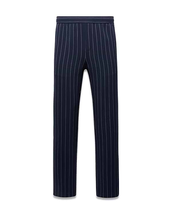 Mens Harland Double Weave Chalk Stripe Track Pant in navy with fine white vertical chalk stripes and a relaxed fit, featuring an elastic waistband. (5)