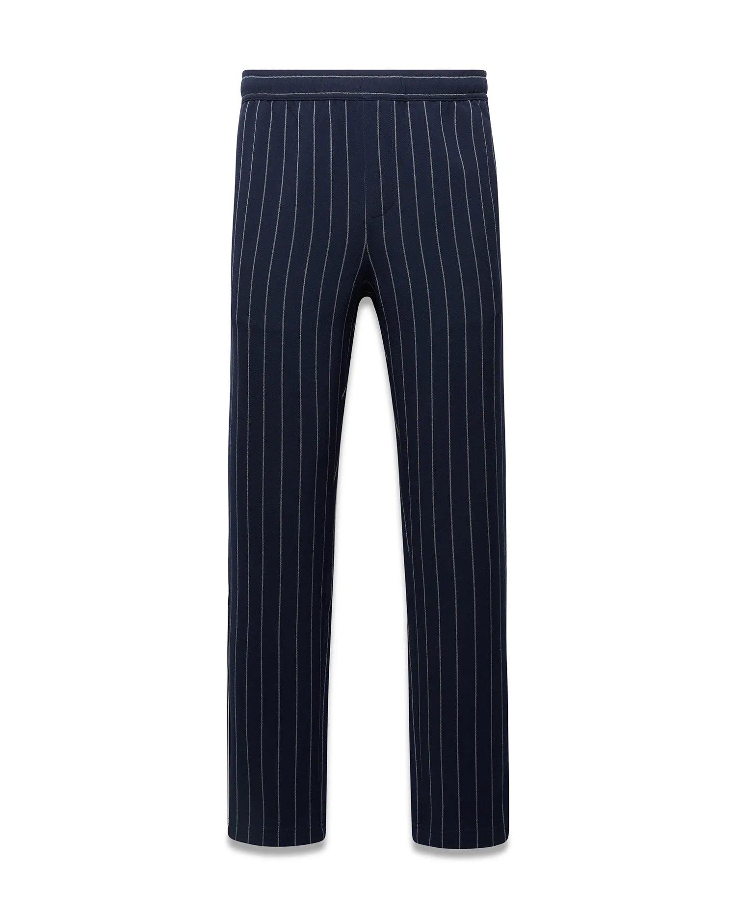 Mens Harland Double Weave Chalk Stripe Track Pant in navy with fine white vertical chalk stripes and a relaxed fit, featuring an elastic waistband. (5)