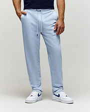 Mens Timothy 4k Bunny Jogger in light blue, crafted from soft french terry fabric with a relaxed fit, featuring a drawstring waist with black tips and convenient side pockets.