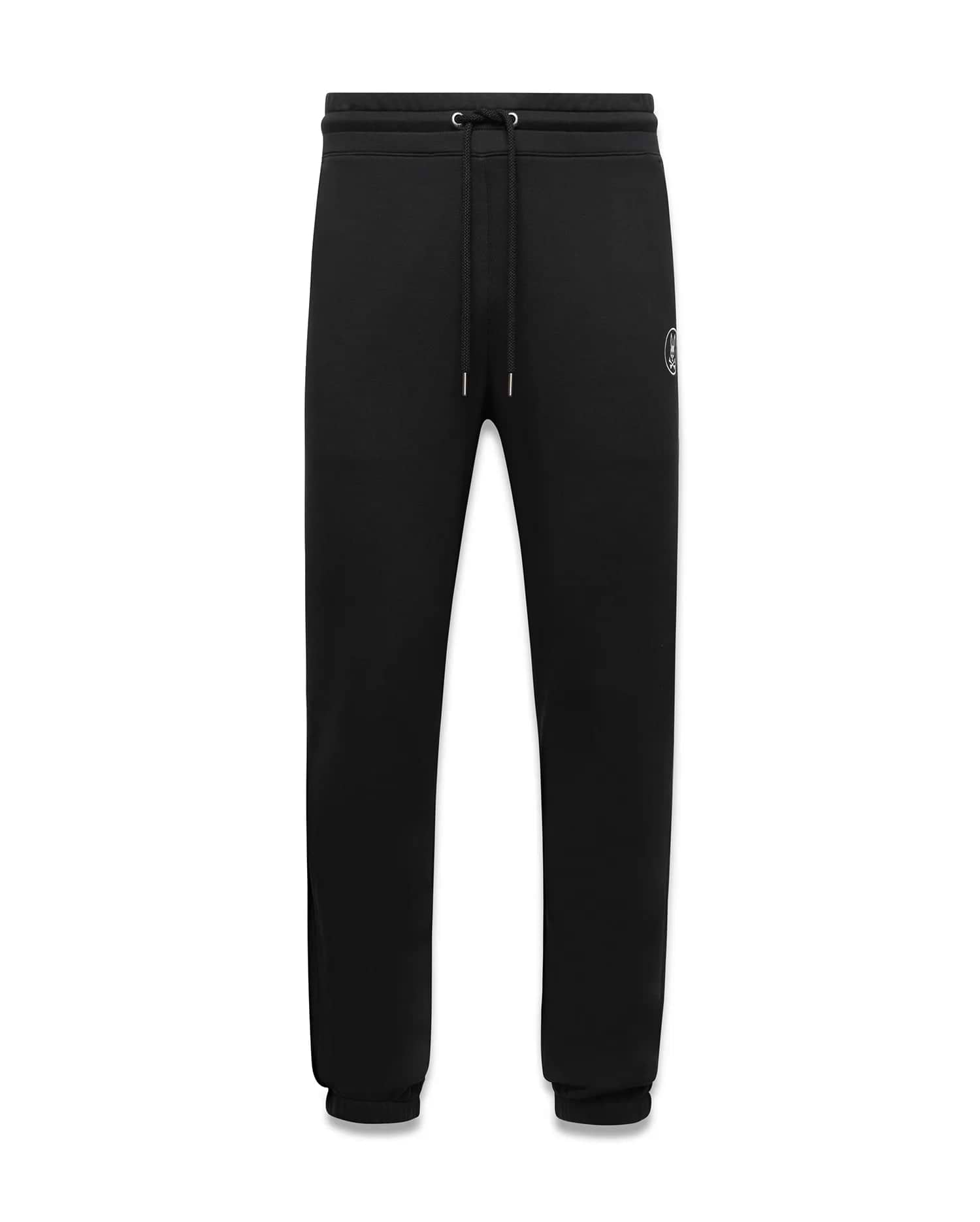 Mens Nathaniel Sweatpant, black relaxed fit french terry sweatpants featuring a drawstring waist, ribbed cuffs, and a small embroidered white Psycho Bunny skull logo on the left thigh.