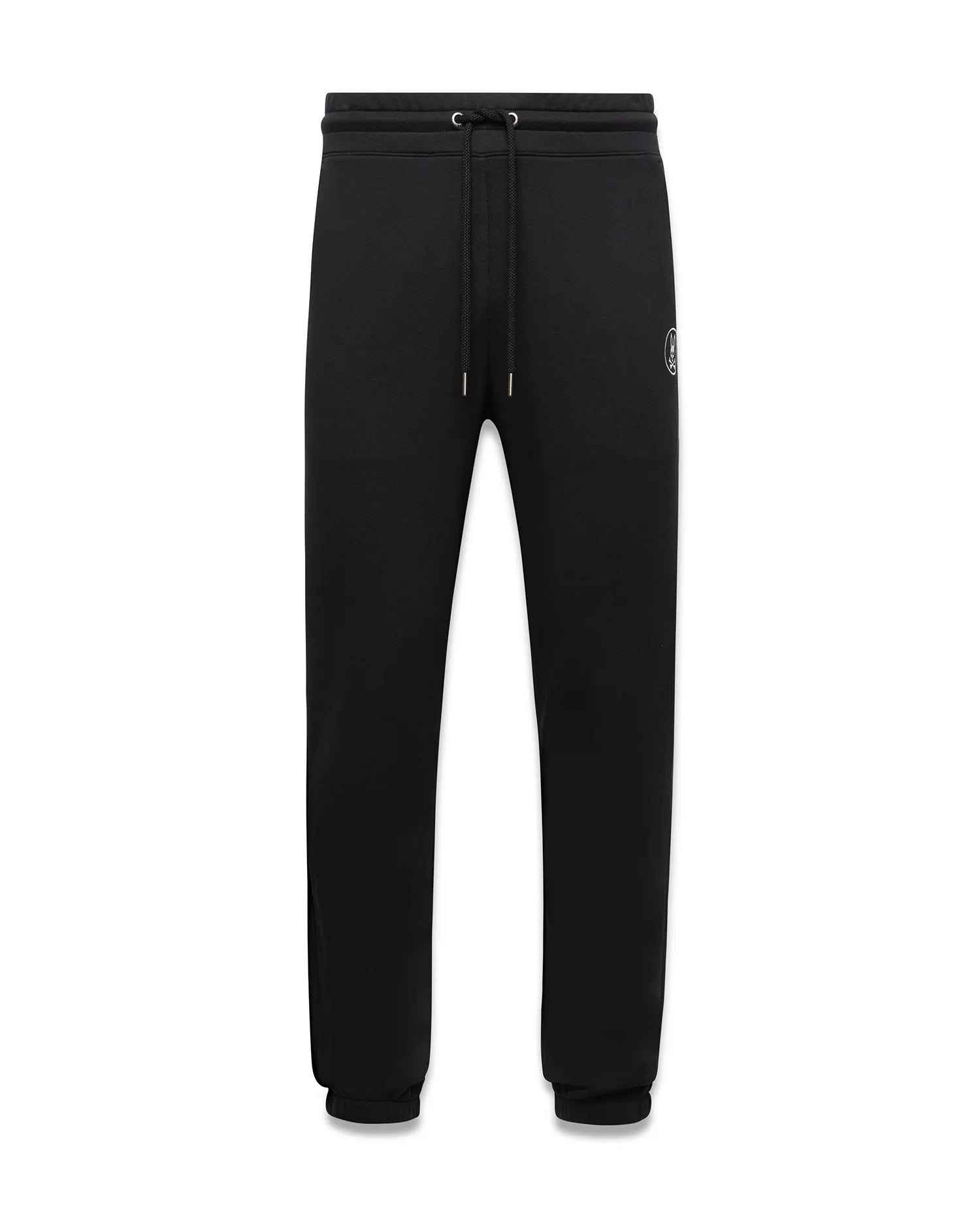 Mens Nathaniel Sweatpant, black relaxed fit french terry sweatpants featuring a drawstring waist, ribbed cuffs, and a small embroidered white Psycho Bunny skull logo on the left thigh.