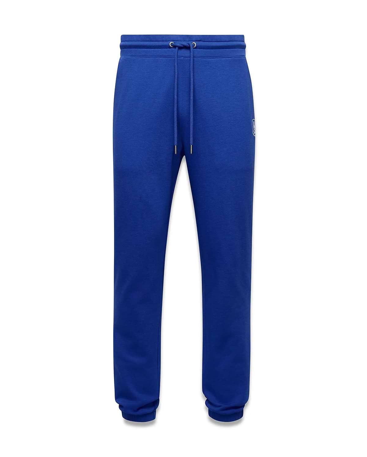 Mens Nathaniel Sweatpant in royal blue, featuring a classic fit, smooth jersey fabric, drawstring waist, ribbed cuffs, and a small white embroidered Psycho Bunny skull logo on the upper right thigh.