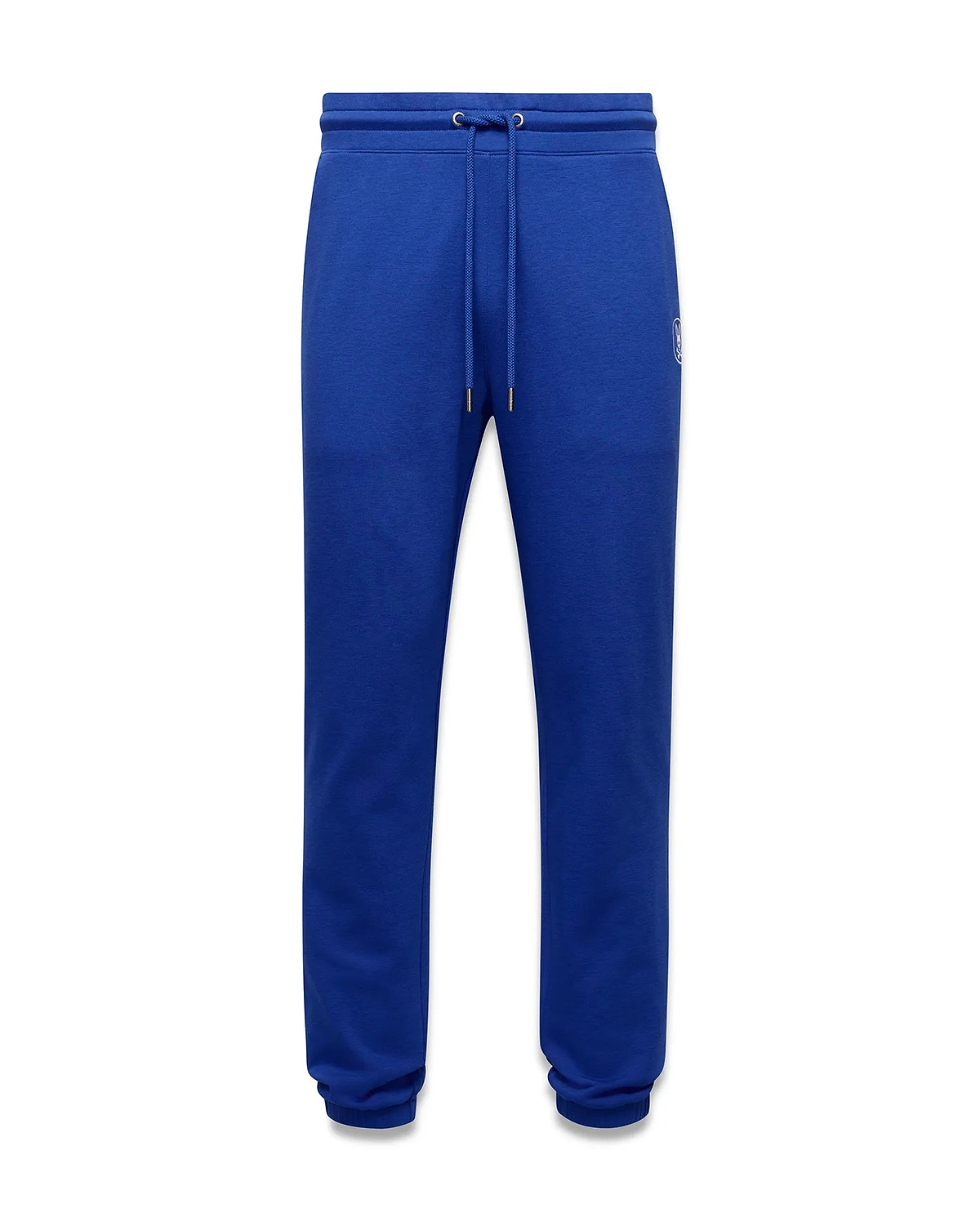 Mens Nathaniel Sweatpant in royal blue, featuring a classic fit, smooth jersey fabric, drawstring waist, ribbed cuffs, and a small white embroidered Psycho Bunny skull logo on the upper right thigh.