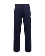 Mens Jaydon Track Pant, navy French terry with a relaxed fit, featuring a white drawstring waist, vertical blue and green side stripe, and a small embroidered white Psycho Bunny skull logo on the right thigh. (5)