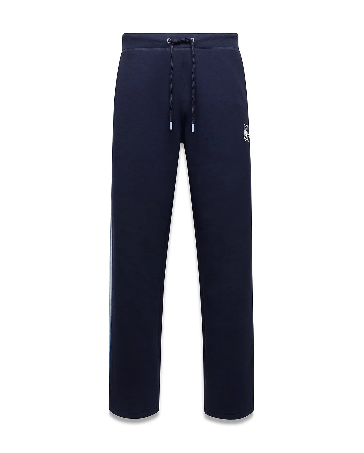 Mens Jaydon Track Pant, navy French terry with a relaxed fit, featuring a white drawstring waist, vertical blue and green side stripe, and a small embroidered white Psycho Bunny skull logo on the right thigh. (5)