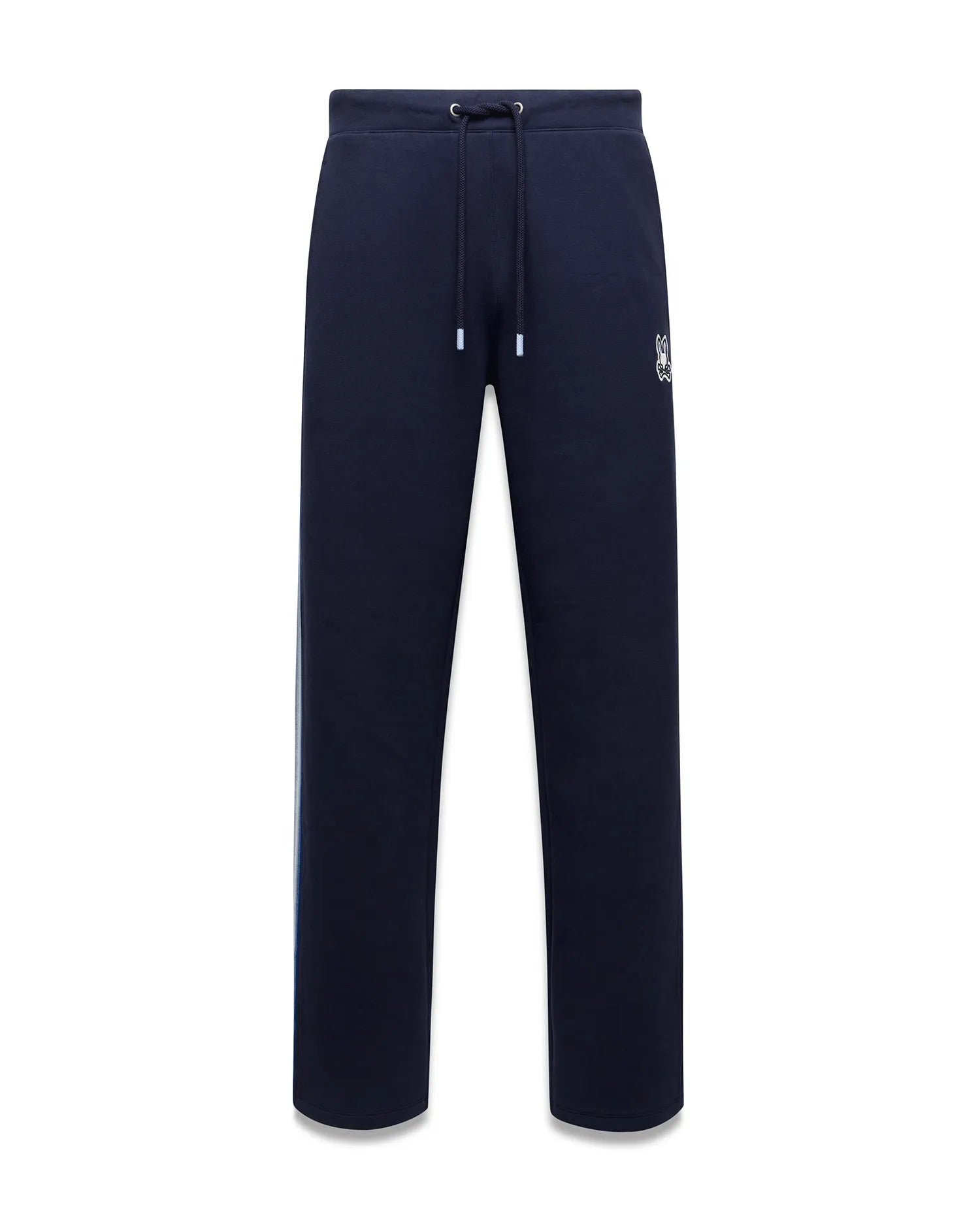 Mens Jaydon Track Pant, navy French terry with a relaxed fit, featuring a white drawstring waist, vertical blue and green side stripe, and a small embroidered white Psycho Bunny skull logo on the right thigh. (5)