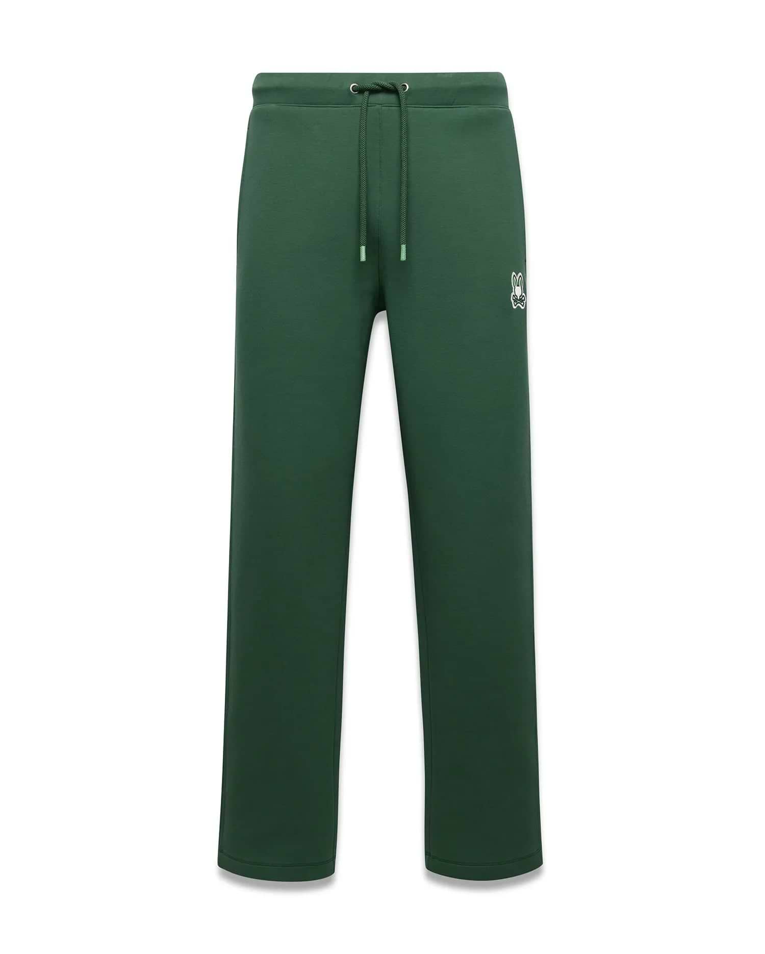 Mens Jaydon Track Pant, forest green, relaxed fit, smooth fabric, with a small white embroidered Psycho Bunny skull logo on the left thigh and a drawstring waist. (5)