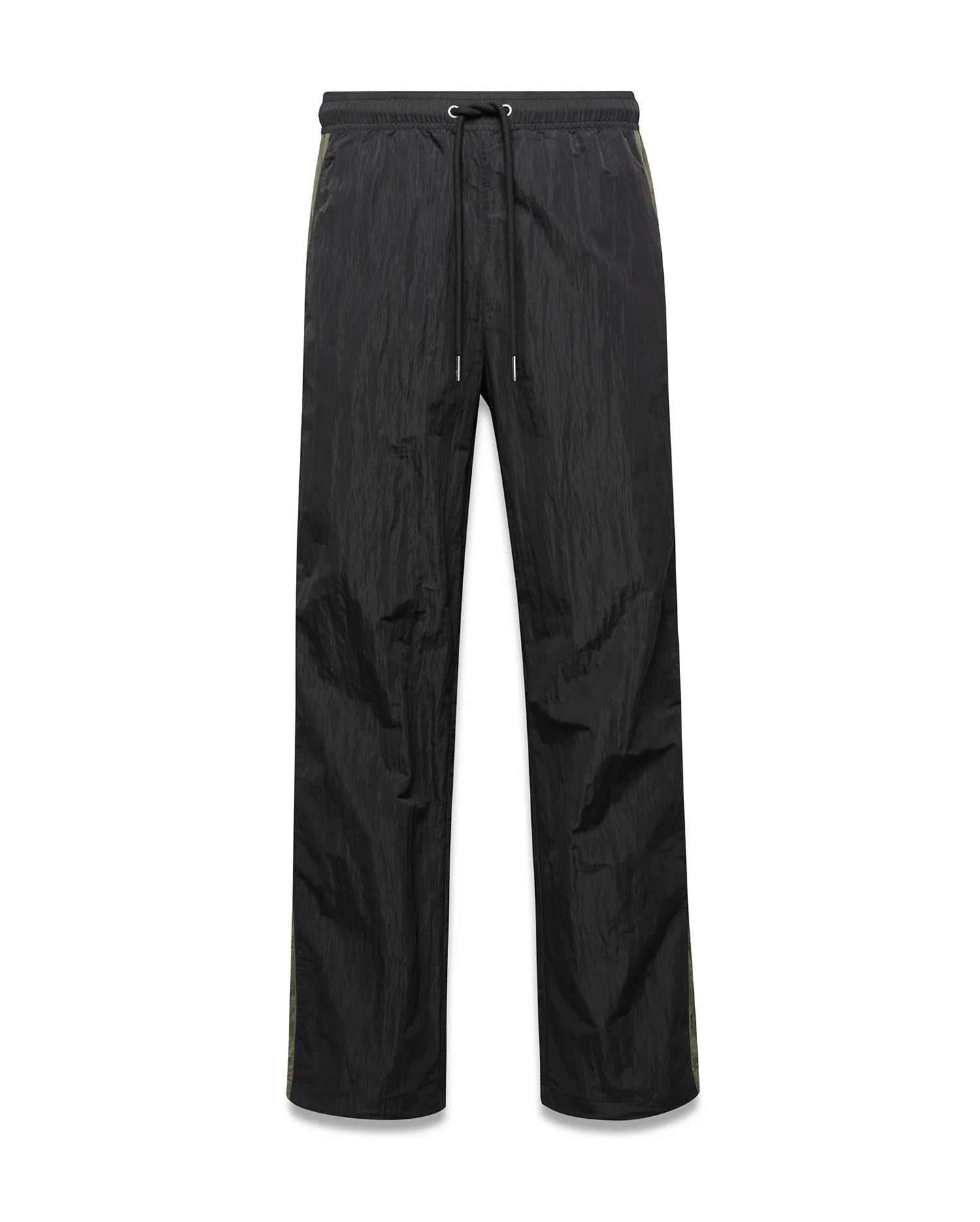 Mens Alder Nylon Colorblock Pant in black crinkled nylon, offering a relaxed fit with a drawstring waist and distinct olive green side stripes.