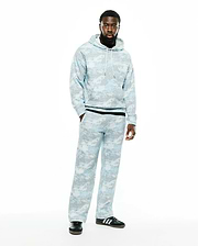 Relaxed fit light blue and grey digital camo French terry hoodie with white drawstrings and black ribbed hem, paired with matching Men's Alfie Graphic Sweatpants. (1)