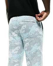 Men's Alfie Graphic Sweatpants, a relaxed fit pair in soft jersey fabric, showcasing a vibrant light blue, white, and grey digital camouflage pattern with a discreet back pocket. (3)