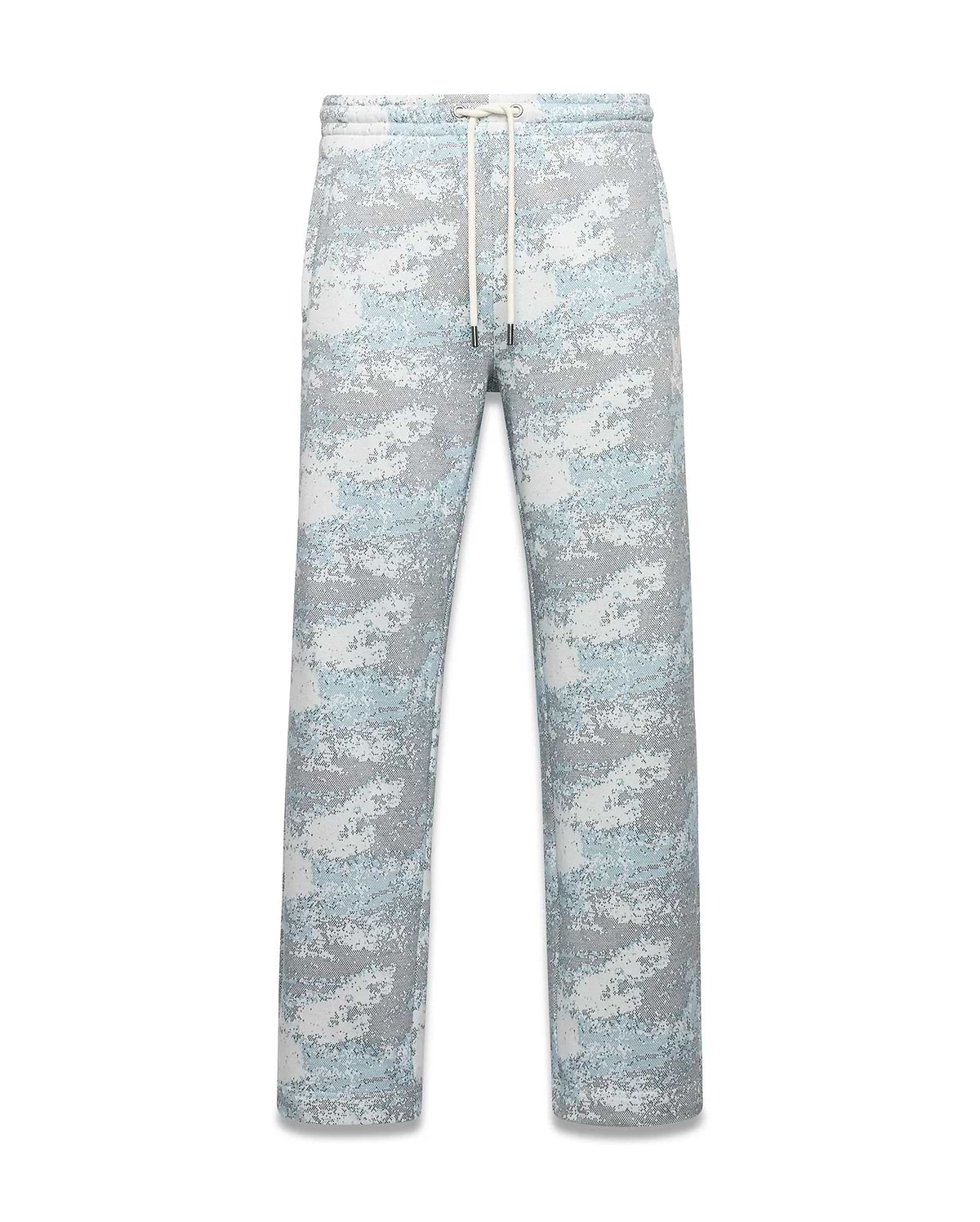 Men's Alfie Graphic Sweatpants, a relaxed fit pair in soft knit fabric, featuring a grey, white, and light blue pixelated digital camo print with a drawstring waist and metal tips. (5)