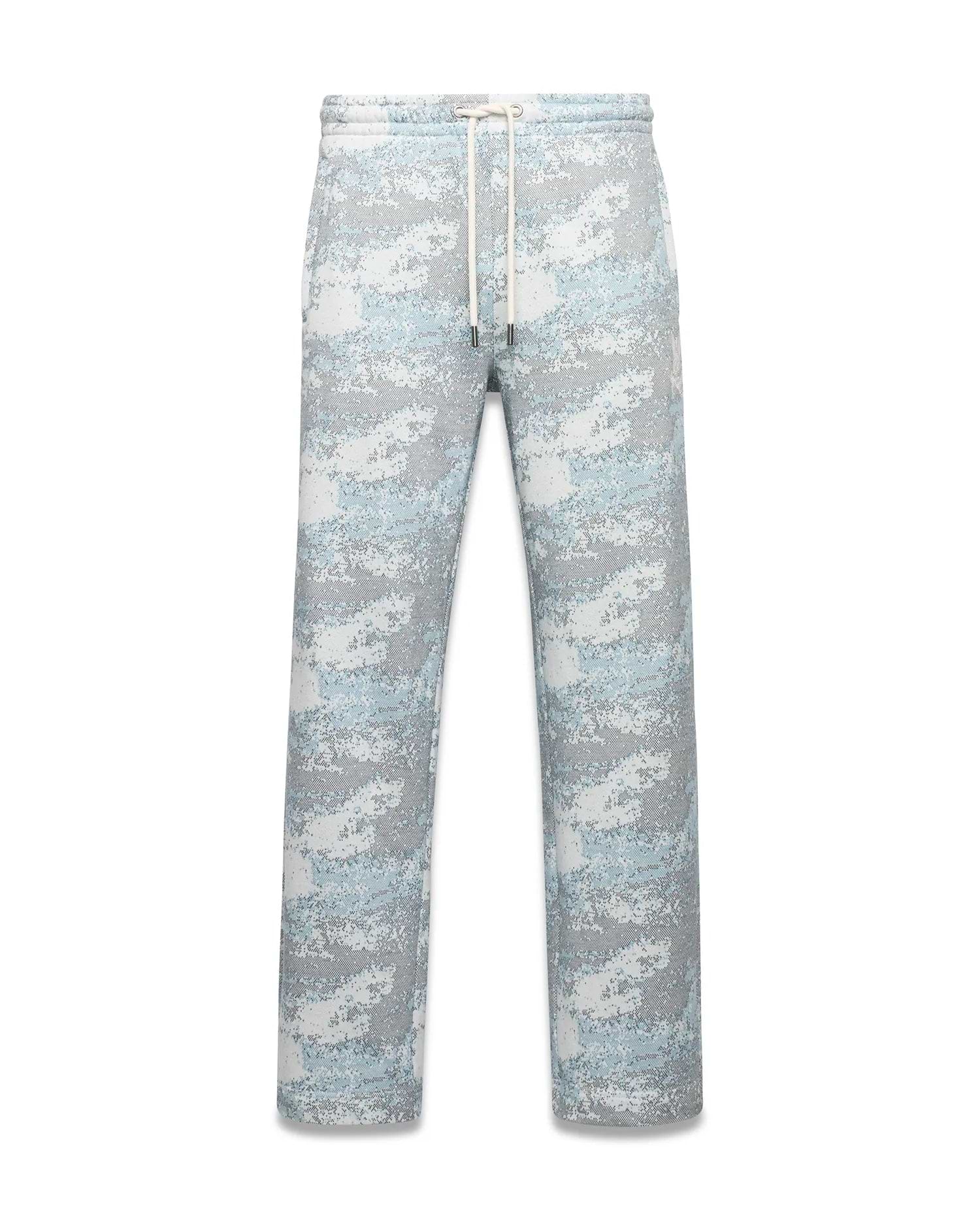 Men's Alfie Graphic Sweatpants, a relaxed fit pair in soft knit fabric, featuring a grey, white, and light blue pixelated digital camo print with a drawstring waist and metal tips. (5)