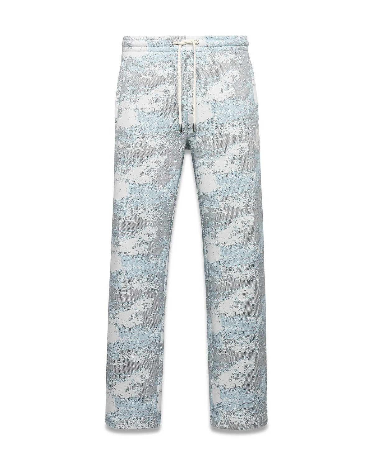 Men's Alfie Graphic Sweatpants, a relaxed fit pair in soft knit fabric, featuring a grey, white, and light blue pixelated digital camo print with a drawstring waist and metal tips. (5)