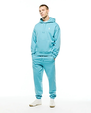 Aqua blue relaxed fit brushed fleece hoodie with white embroidered Psycho Bunny skull logo on left chest, paired with matching Mens Terrence Brushed Fleece Jogger featuring a white logo on the left thigh. (1)