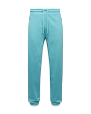 Mens Terrence Brushed Fleece Jogger in vibrant aqua, featuring a relaxed fit, drawstring waist, ribbed cuffs, and a small embroidered Psycho Bunny skull logo on the left thigh. (5)