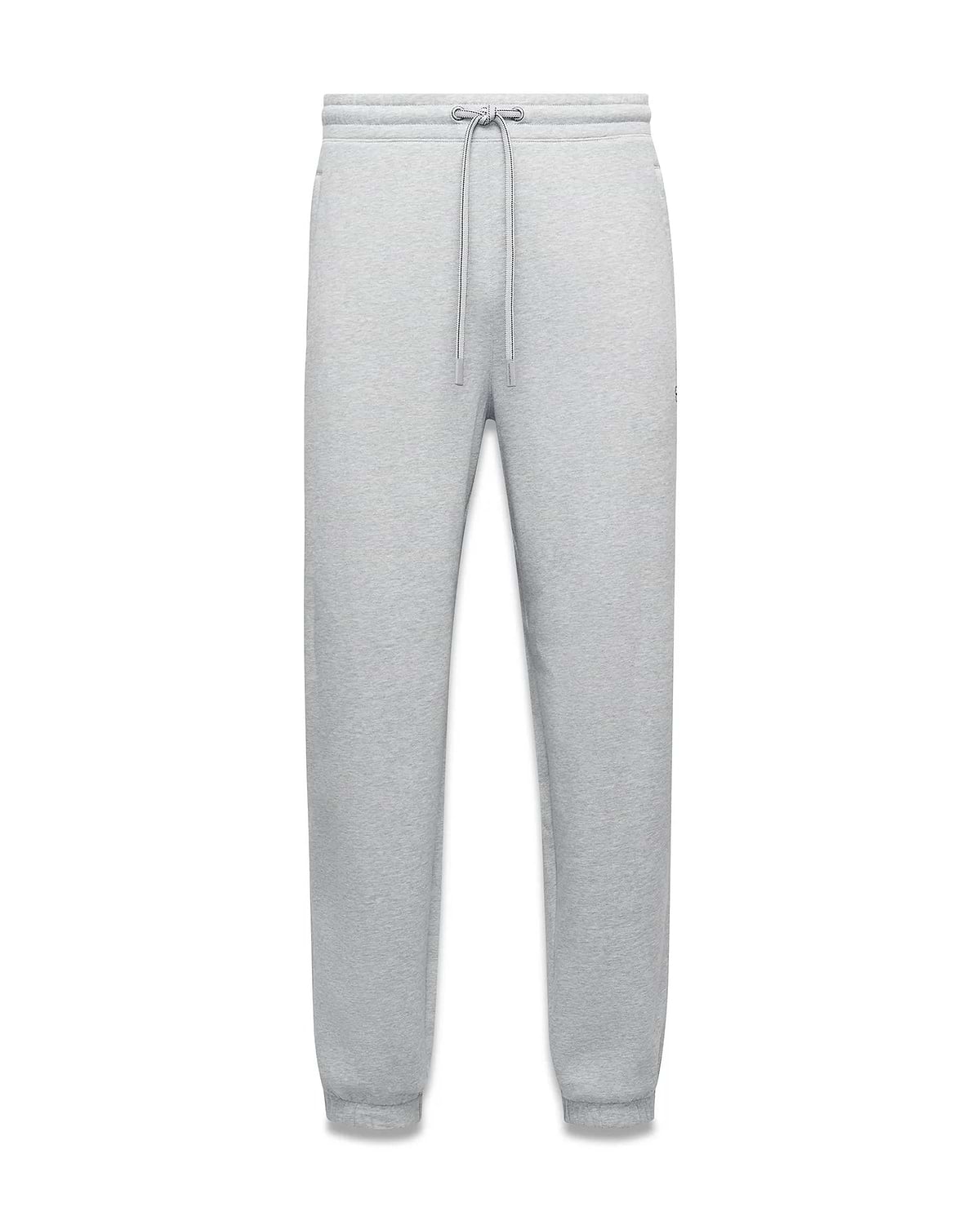 Mens Terrence Brushed Fleece Sweatpant in heather grey, a relaxed fit with tapered leg, ribbed cuffs, drawstring waist, and small embroidered Psycho Bunny skull logo on the left thigh.