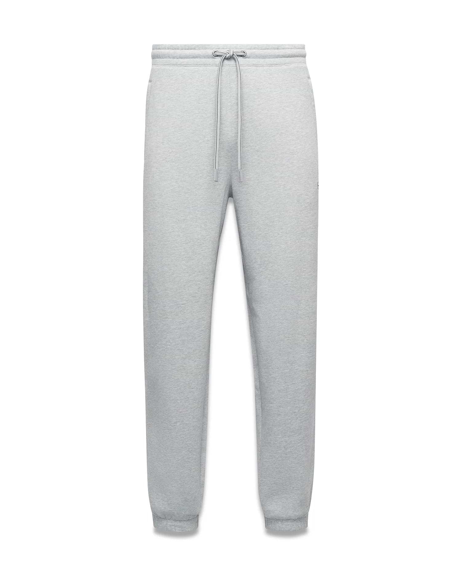Mens Terrence Brushed Fleece Sweatpant in heather grey, a relaxed fit with tapered leg, ribbed cuffs, drawstring waist, and small embroidered Psycho Bunny skull logo on the left thigh.
