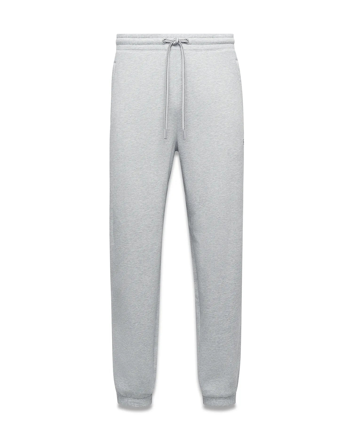 Mens Terrence Brushed Fleece Sweatpant in heather grey, a relaxed fit with tapered leg, ribbed cuffs, drawstring waist, and small embroidered Psycho Bunny skull logo on the left thigh.