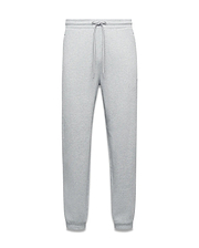 Mens Terrence Brushed Fleece Sweatpant in heather grey, a relaxed fit with tapered leg, ribbed cuffs, drawstring waist, and small embroidered Psycho Bunny skull logo on the left thigh.