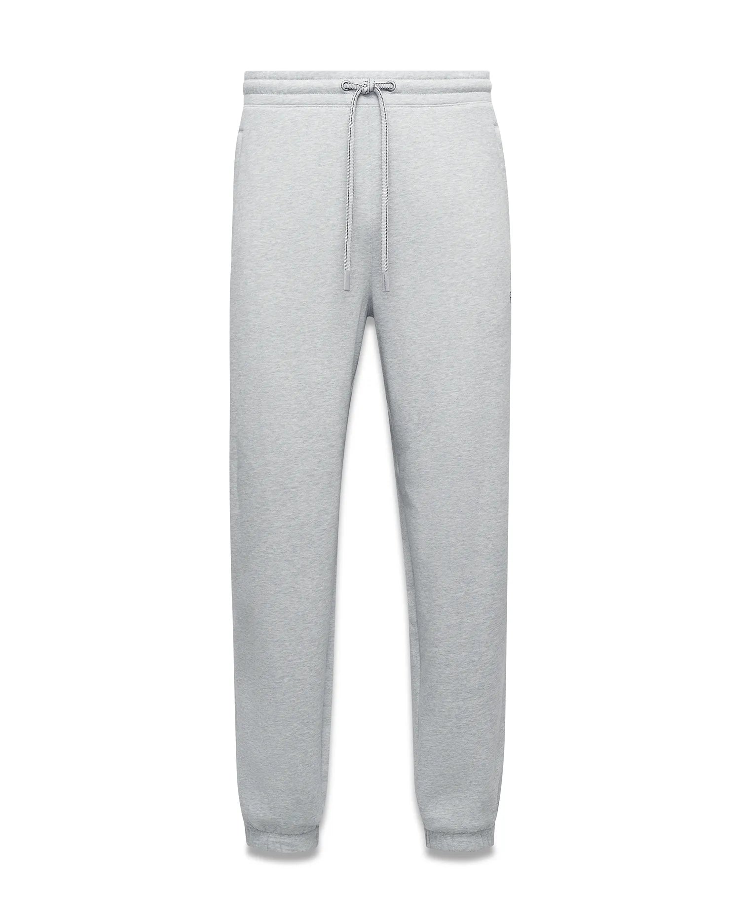 Mens Terrence Brushed Fleece Sweatpant in heather grey, a relaxed fit with tapered leg, ribbed cuffs, drawstring waist, and small embroidered Psycho Bunny skull logo on the left thigh.