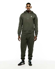 Olive green relaxed fit brushed fleece hoodie with white drawstring and embroidered Psycho Bunny skull chest logo. Paired with Mens Terrence Brushed Fleece Sweatpant, featuring an embroidered bunny skull thigh logo.