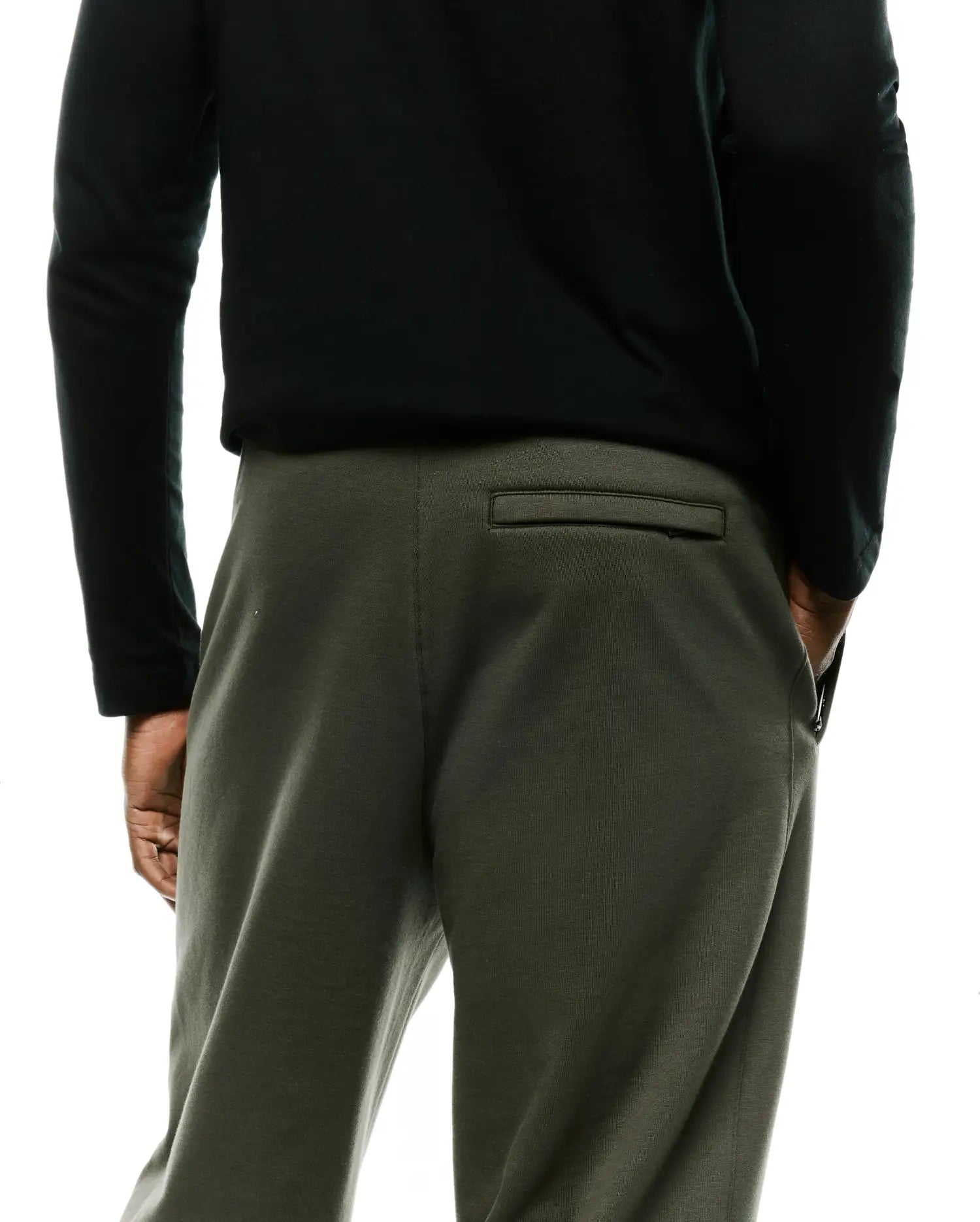 Mens Terrence Brushed Fleece Sweatpant in olive green, featuring a soft brushed fleece texture, relaxed fit, and a sleek back welt pocket with subtle side zipper detail.