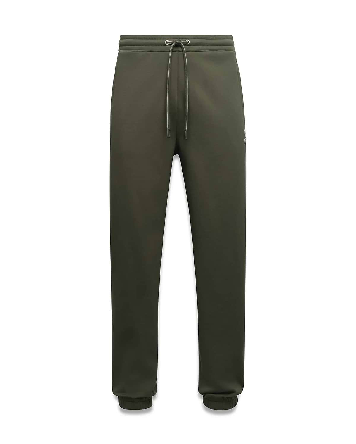 Mens Terrence Brushed Fleece Sweatpant in dark olive green, relaxed fit, soft brushed texture, elastic waist with light grey drawstrings, ribbed cuffs, and small white embroidered Psycho Bunny skull logo on left thigh.