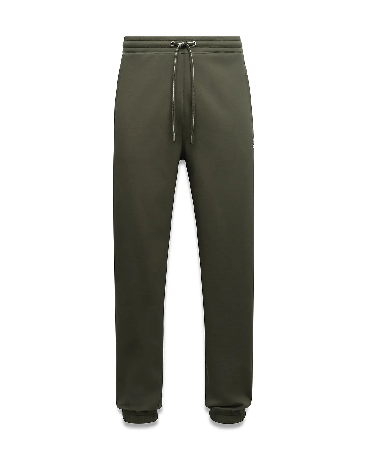 Mens Terrence Brushed Fleece Sweatpant in dark olive green, relaxed fit, soft brushed texture, elastic waist with light grey drawstrings, ribbed cuffs, and small white embroidered Psycho Bunny skull logo on left thigh.