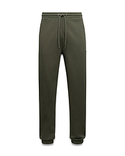 Mens Terrence Brushed Fleece Sweatpant in dark olive green, relaxed fit, soft brushed texture, elastic waist with light grey drawstrings, ribbed cuffs, and small white embroidered Psycho Bunny skull logo on left thigh.