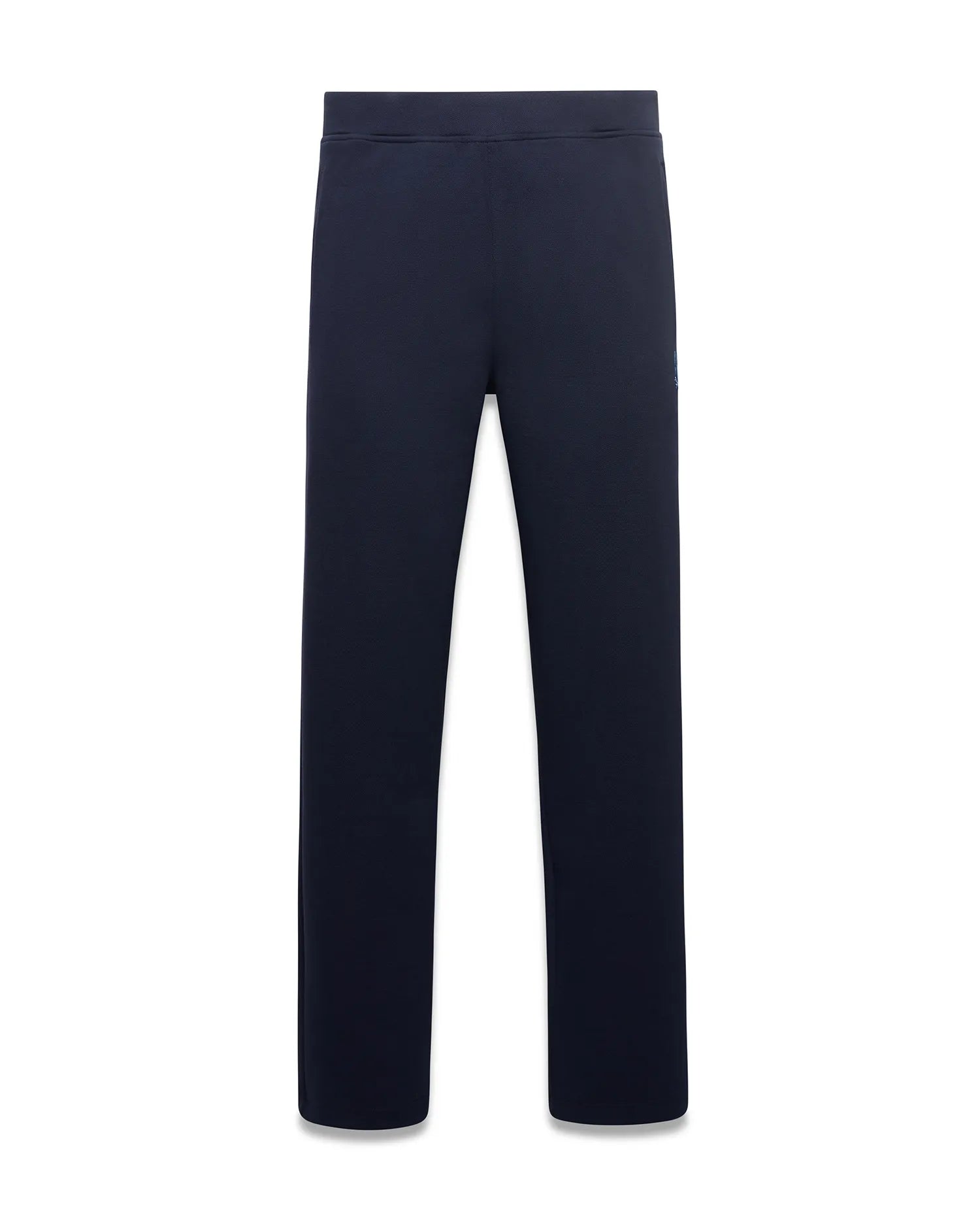 Men's Jacques Pique Track Pants in navy, featuring a relaxed fit and a small embroidered light blue Psycho Bunny skull logo on the upper left thigh. (5)