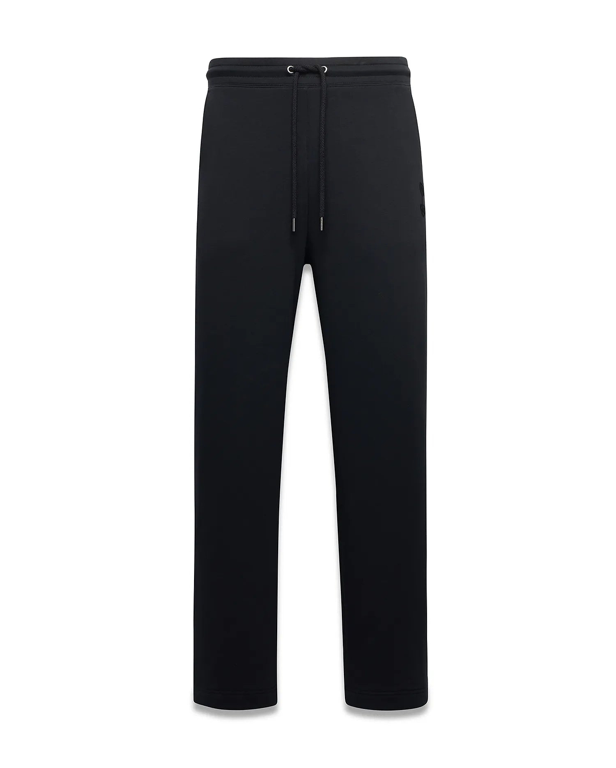 Men's Johan Straight-Leg Sweatpants in black, featuring a relaxed fit, smooth jersey fabric, drawstring waist, and a small tonal embroidered Psycho Bunny skull logo on the left hip. (5)