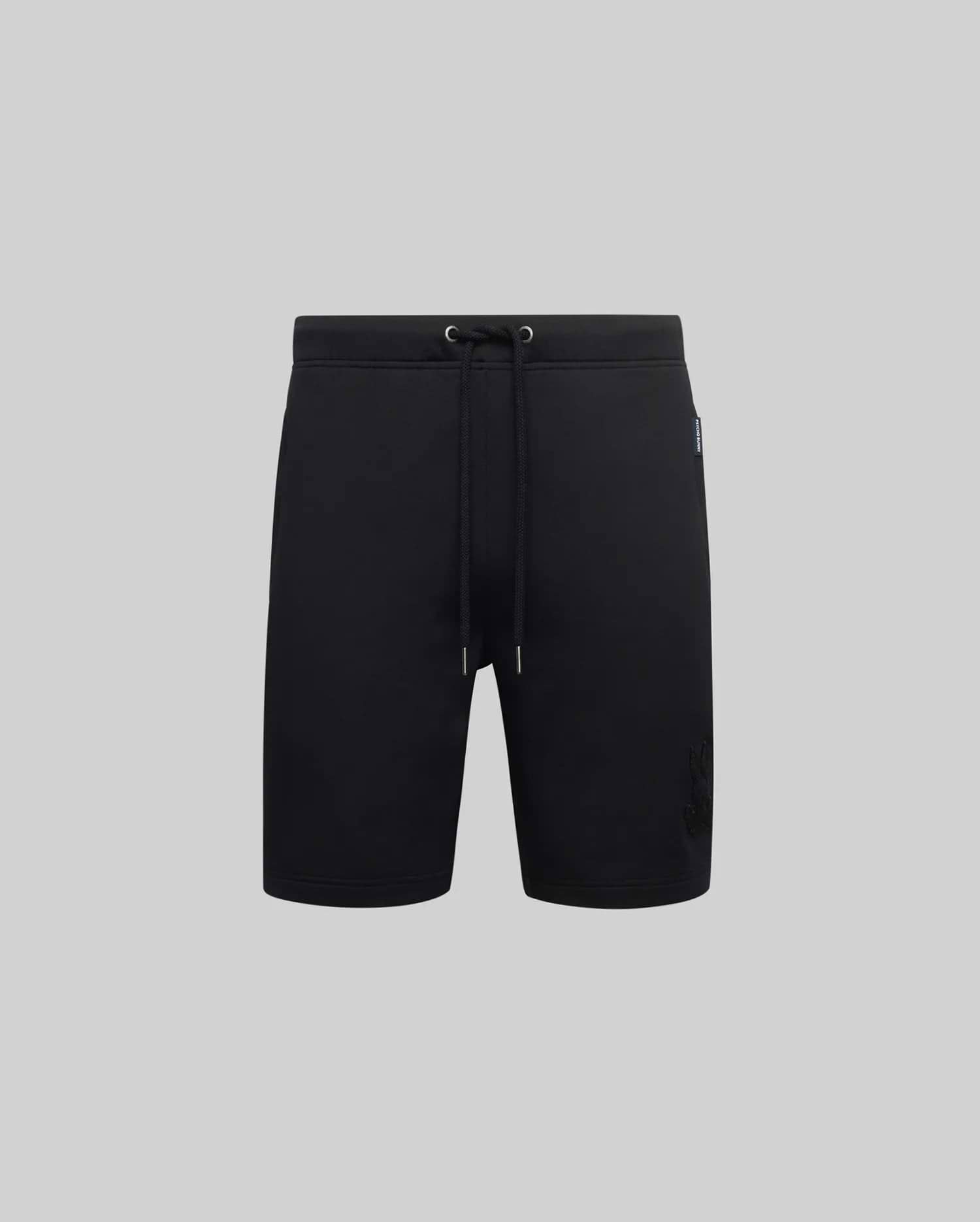 Black Mens Barry Short, relaxed fit french terry with drawstring waist, featuring a large tonal embroidered Psycho Bunny skull logo on the left leg and a small Psycho Bunny tag on the right hip.
