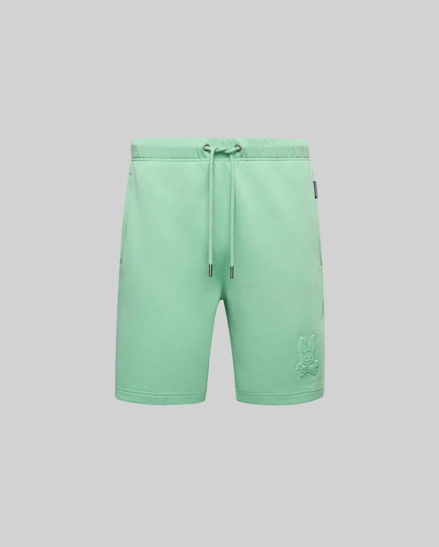Mens Barry Short, mint green relaxed fit french terry shorts with a drawstring waist, side pockets, and a tonal embroidered Psycho Bunny skull logo on the right thigh.