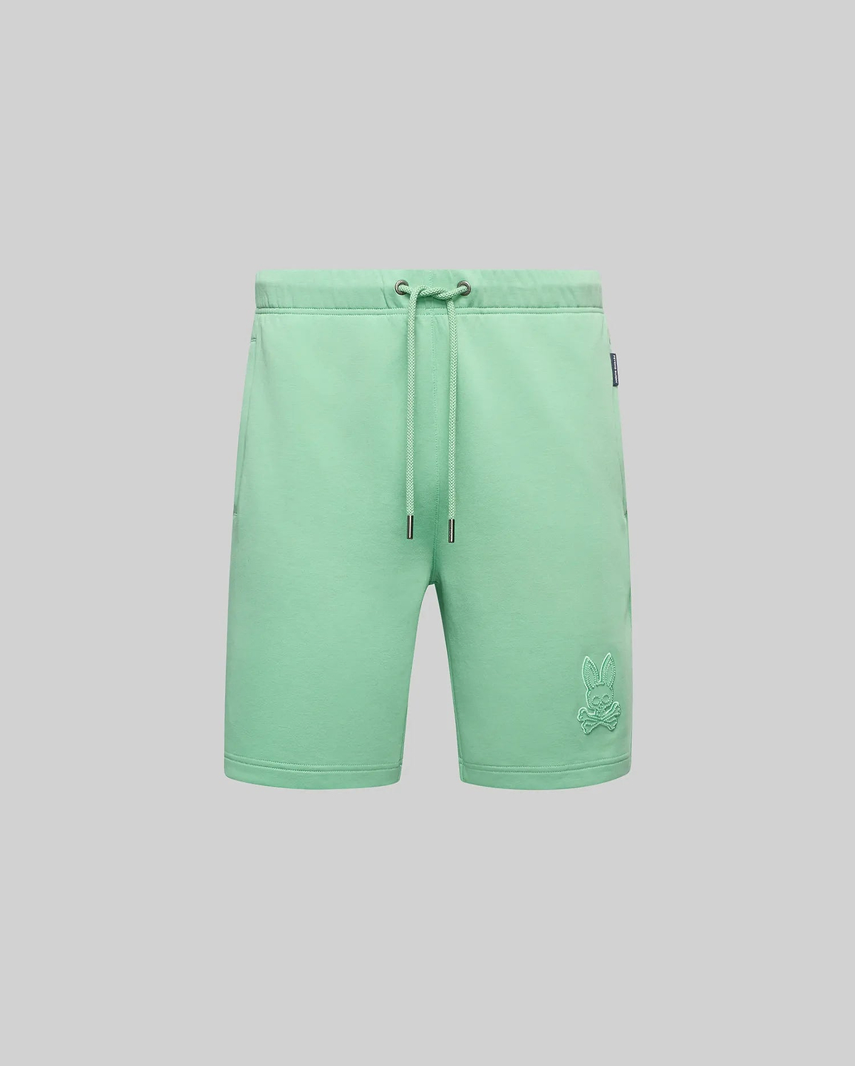 Mens Barry Short, mint green relaxed fit french terry shorts with a drawstring waist, side pockets, and a tonal embroidered Psycho Bunny skull logo on the right thigh.
