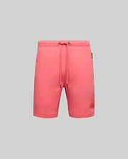 Coral pink Mens Barry Short in soft French terry, featuring a relaxed fit, drawstring waist with dark tips, and a large tonal embroidered Psycho Bunny skull logo on the left leg.