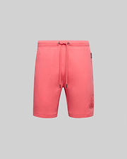 Coral pink Mens Barry Short in soft French terry, featuring a relaxed fit, drawstring waist with dark tips, and a large tonal embroidered Psycho Bunny skull logo on the left leg.
