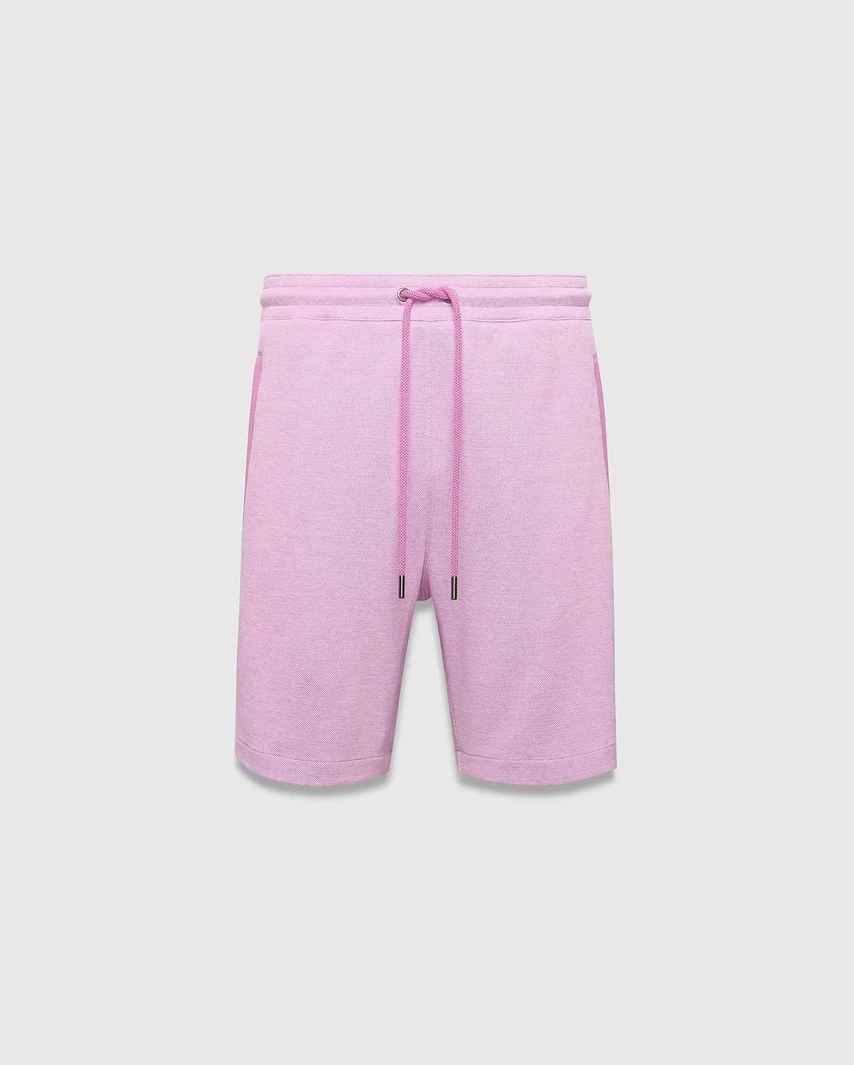 Mens Keith Short 8, a relaxed fit heathered light pink French terry short with an elastic drawstring waist, contrasting solid pink drawcords, and practical side pockets.