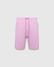 Mens Keith Short 8, a relaxed fit heathered light pink French terry short with an elastic drawstring waist, contrasting solid pink drawcords, and practical side pockets.