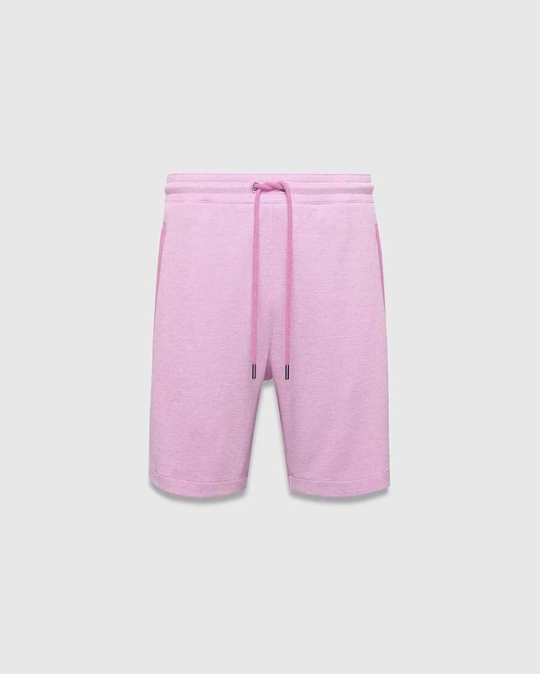 Mens Keith Short 8, a relaxed fit heathered light pink French terry short with an elastic drawstring waist, contrasting solid pink drawcords, and practical side pockets.